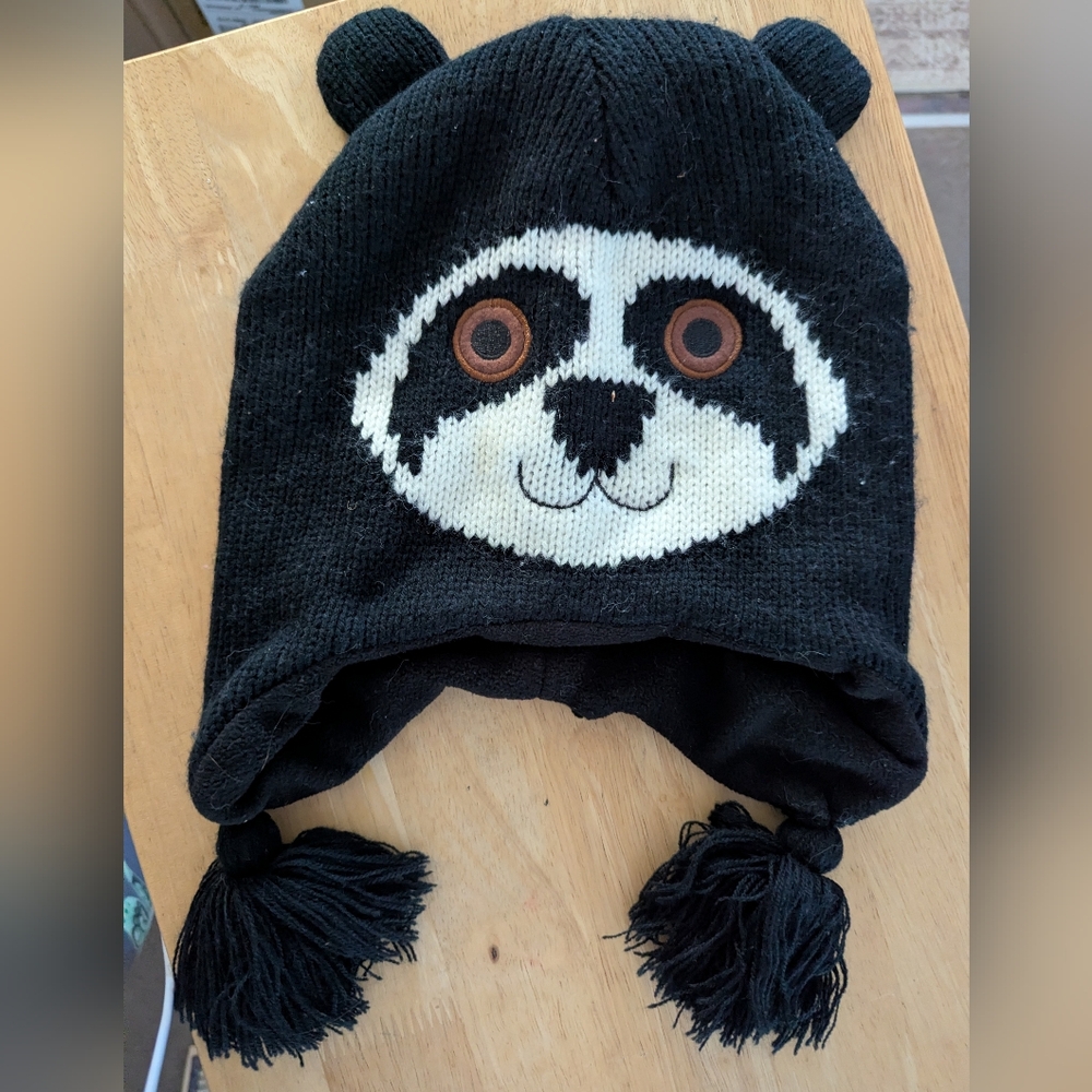 Black Raccoon Knit Beanie with Tassels